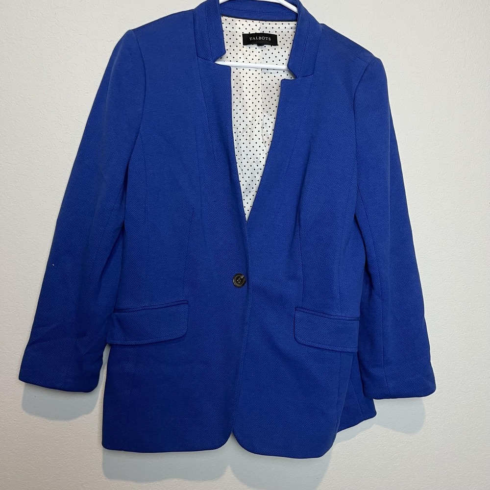 Talbots Jacket Womens 10 Blue Twill One Button Collarless Blazer Lined Workwear